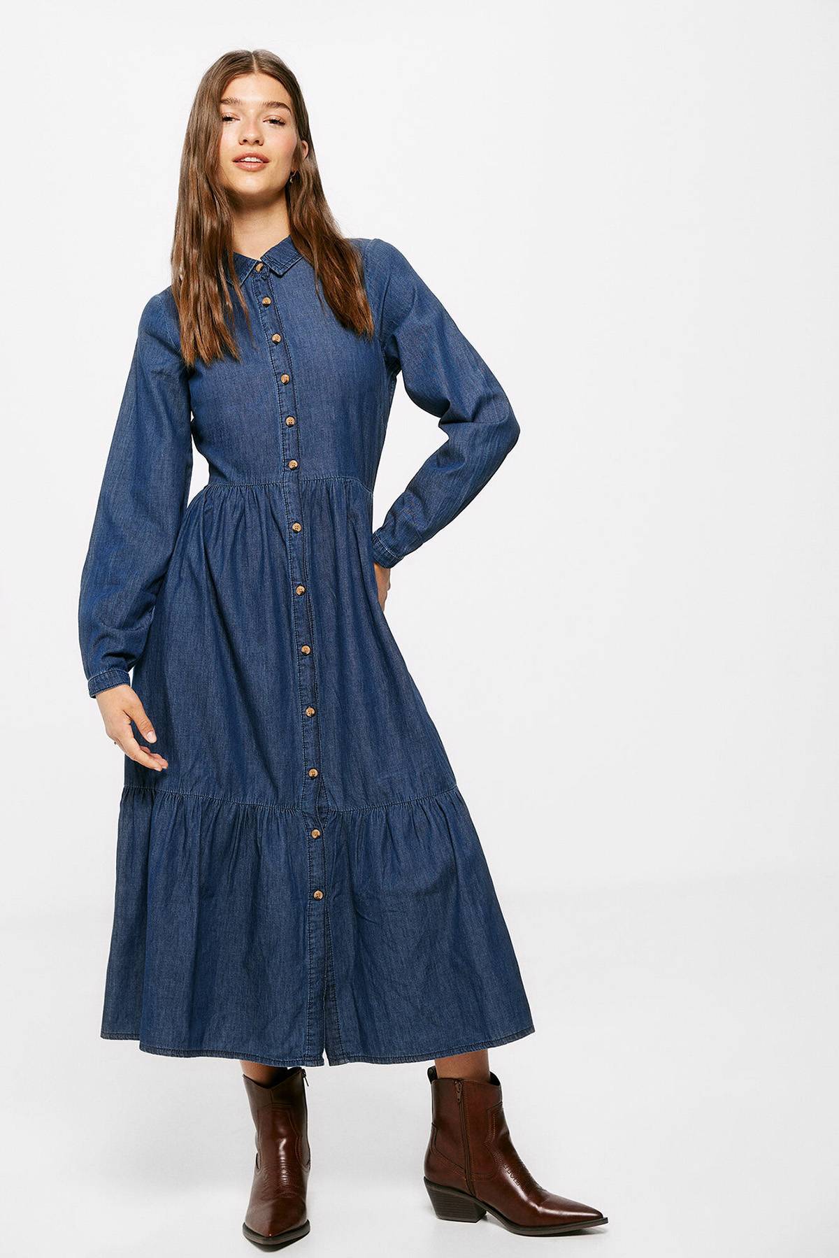 Springfield Damenbluse Mit Stickerei – Denim-Look, V-Ausschnitt, Voluminöse Ärmel, Geblümte Bordüre