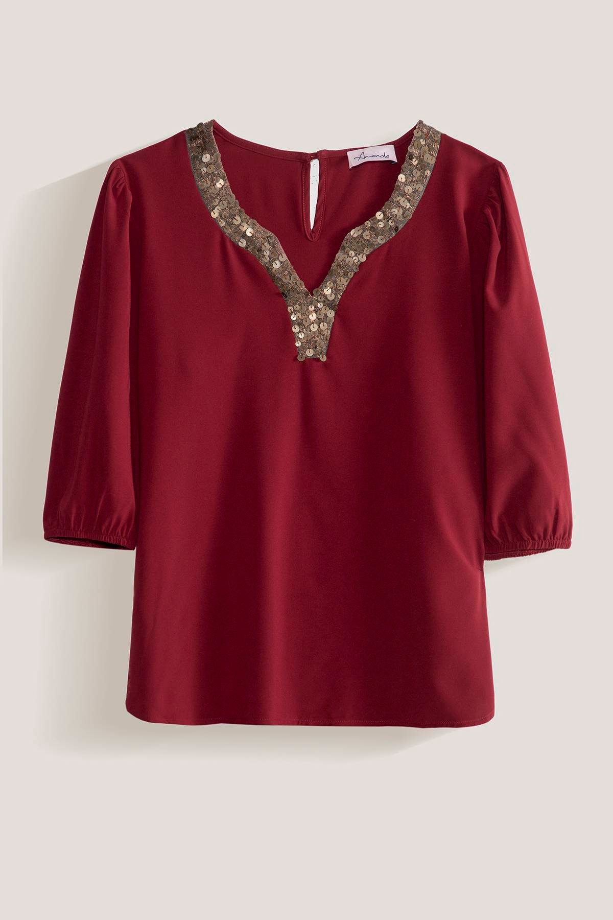 Blusa unicolor con apliques en cuello Amanda De Prati Tienda Online