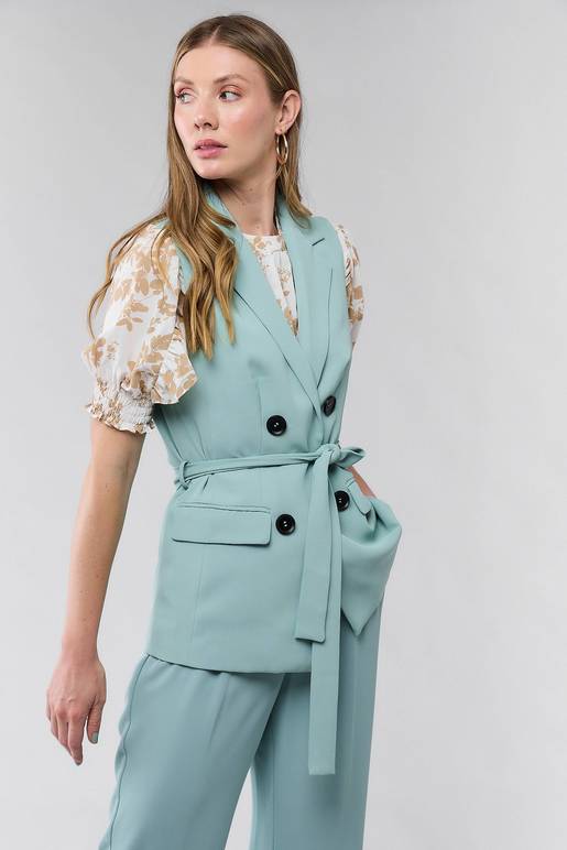 Chaleco De Manga Casquillo Para Mujer - Con Solapa De Pico Y Botón, Tela De Poliéster-rayón, Ideal Para Oficina O Looks Casuales