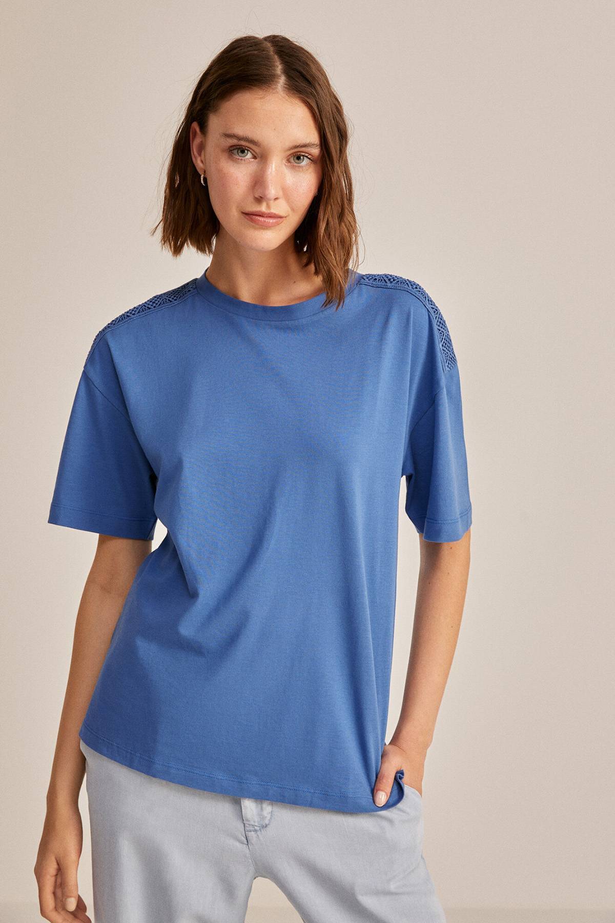 SPRINGFIELD T-Shirt Donna A Maniche Corte Con Balza E Stampa - Girocollo, Tessuto Lino/Cotone Biologico, Azul Medio