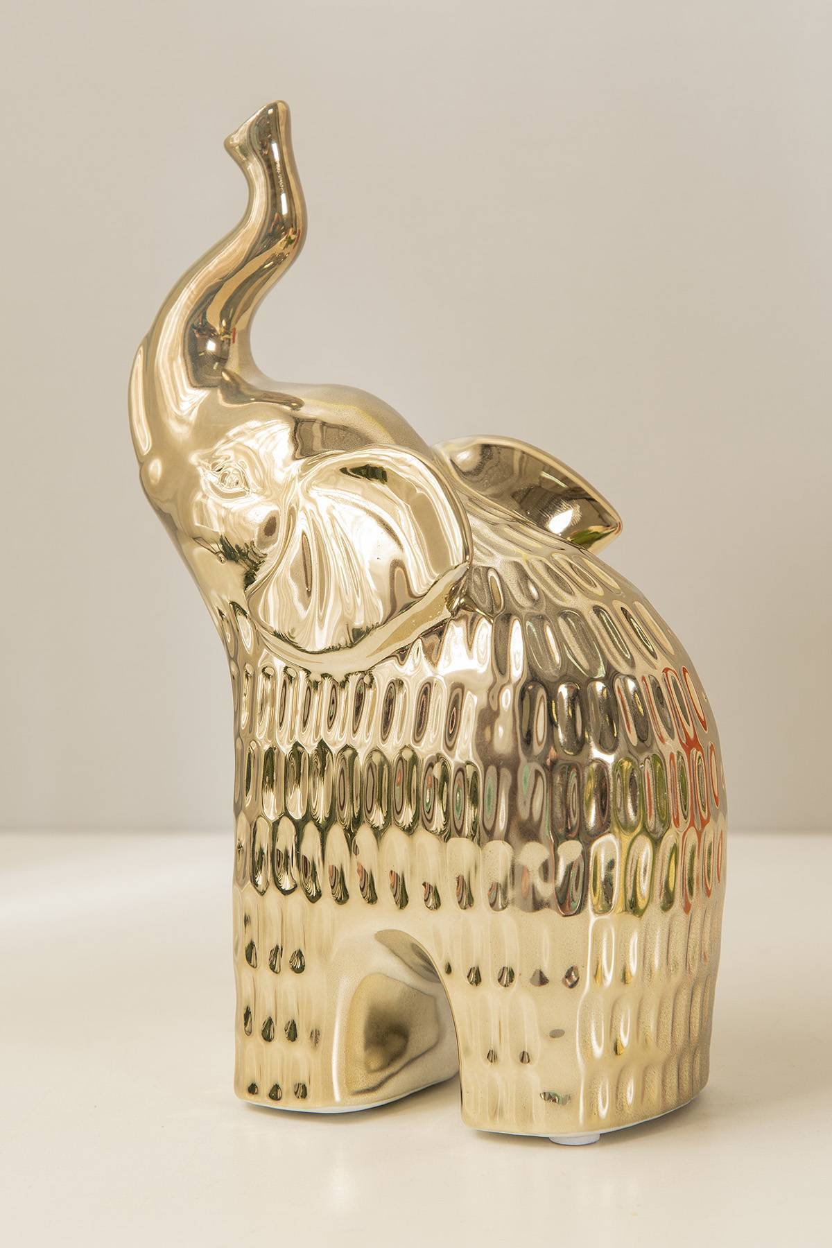 Scultura Elefante In Ceramica Argento Lucido - Simbolo Di Famiglia, Alta 32 Cm, Con Piedini Protettivi