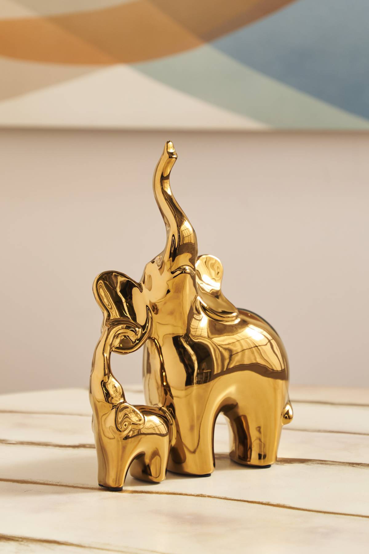 Scultura Elefante In Ceramica Argento Lucido - Simbolo Di Famiglia, Alta 32 Cm, Con Piedini Protettivi
