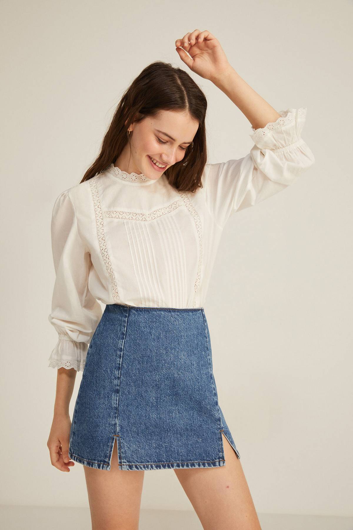 Jupe Midi Denim Blanche Femme Springfield - Coupe Droit - Style Décontracté Urbain