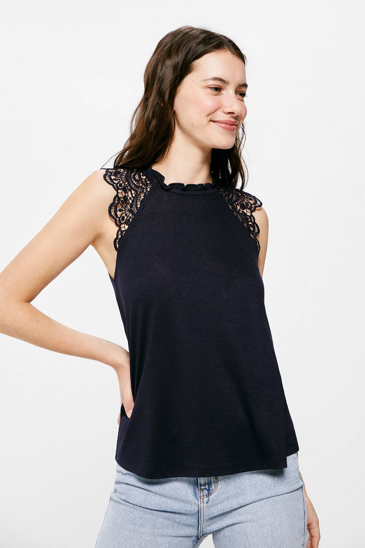 T-shirt Coquette Femme Springfield - Manches Courtes, Col Montant - Tissu Tricot Léger